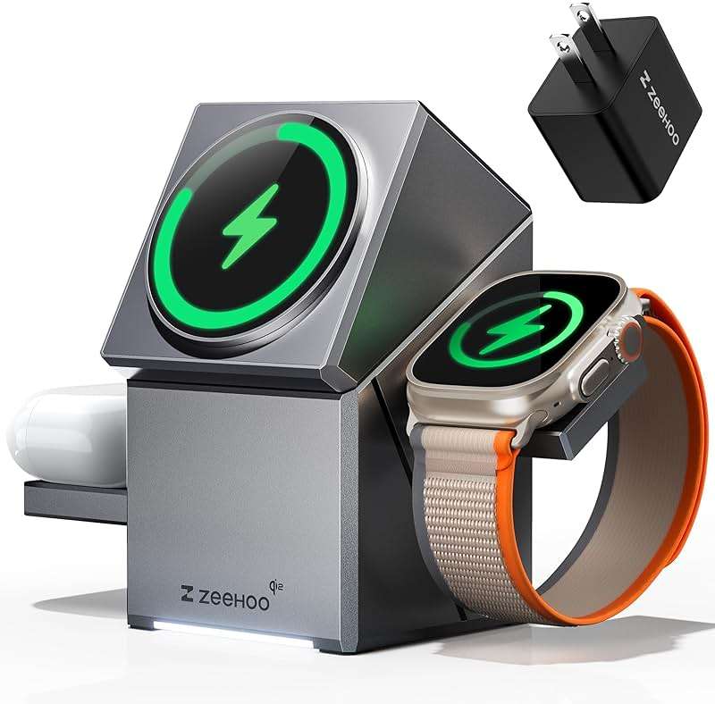 ZEEHOO 3 in 1 Charging Station for Apple, Mag-Safe for iPhone Charger, Qi2 Certified Rotating Wireless Charger Stand for iPhone 17,16,15,14,13,12 Series, Apple Watch, AirPods (USB-C Charger Included) - Image 1