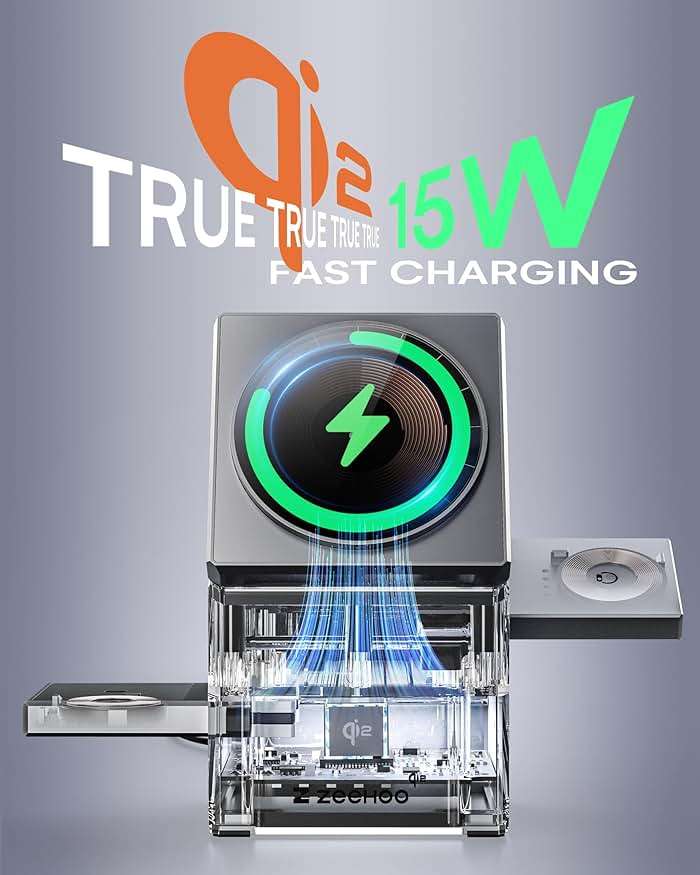 ZEEHOO 3 in 1 Charging Station for Apple, Mag-Safe for iPhone Charger, Qi2 Certified Rotating Wireless Charger Stand for iPhone 17,16,15,14,13,12 Series, Apple Watch, AirPods (USB-C Charger Included) - Image 2
