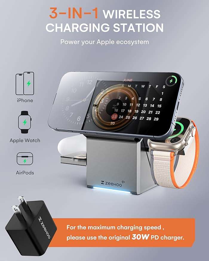 ZEEHOO 3 in 1 Charging Station for Apple, Mag-Safe for iPhone Charger, Qi2 Certified Rotating Wireless Charger Stand for iPhone 17,16,15,14,13,12 Series, Apple Watch, AirPods (USB-C Charger Included) - Image 3