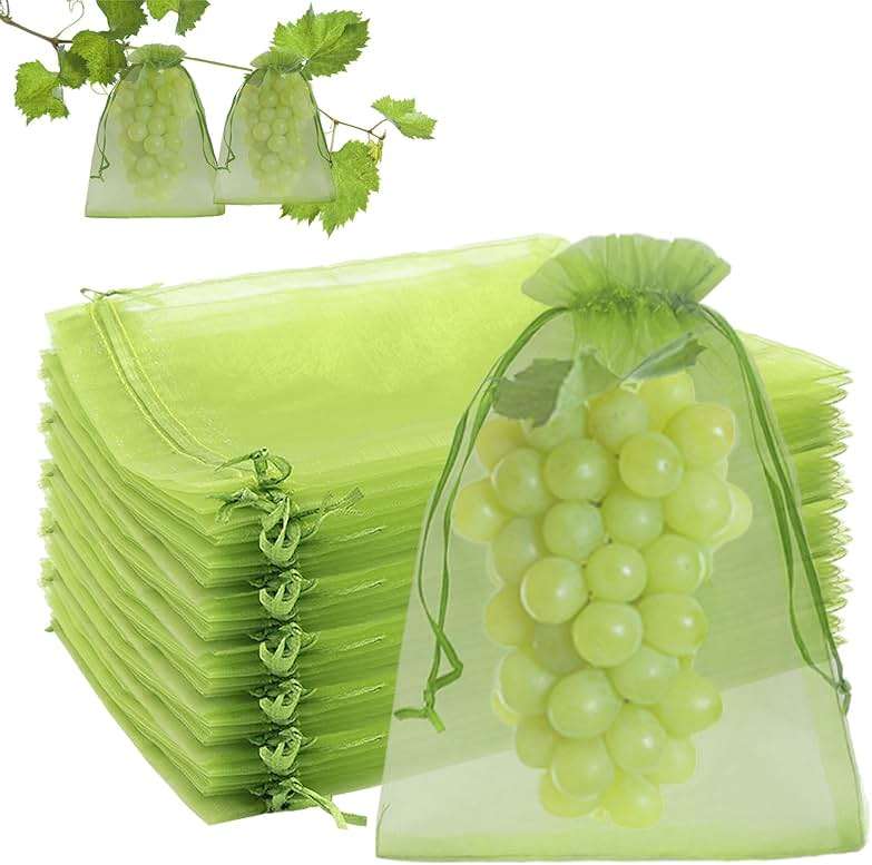 Uigidori 100 Pcs Fruit Protection Bags, 6.5 x 9 Inch Green Netting Cover Bags with Drawstring, Pest Barrier for Trees, Garden Fruit Cover Mesh Bag for Plant Vegetables and Flowers - Image 1