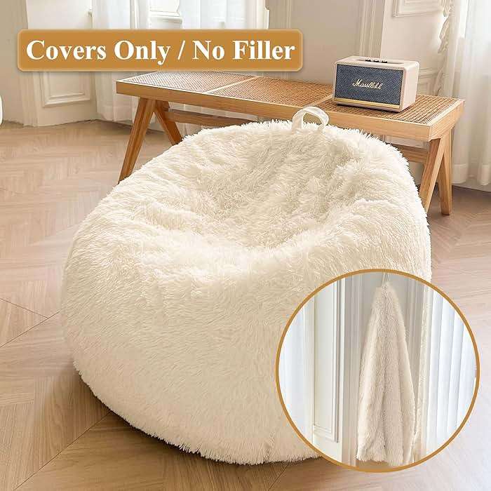 XeGe Fluffy Stuffed Animal Storage Bean Bag Chair Cover(No Filler), Washable Soft Bean Bag Cover for Plush Toys or Textile, Plush Shaggy Large Bean Bag for Adults Kids Teens, Beige - Image 2