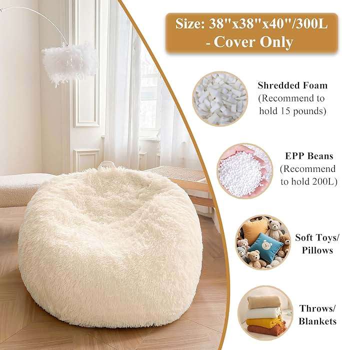 XeGe Fluffy Stuffed Animal Storage Bean Bag Chair Cover(No Filler), Washable Soft Bean Bag Cover for Plush Toys or Textile, Plush Shaggy Large Bean Bag for Adults Kids Teens, Beige - Image 3