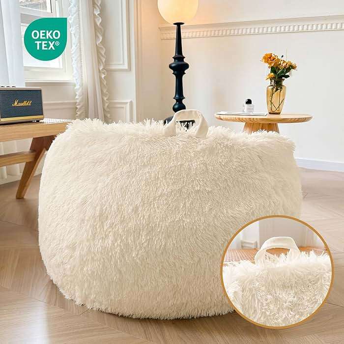 XeGe Fluffy Stuffed Animal Storage Bean Bag Chair Cover(No Filler), Washable Soft Bean Bag Cover for Plush Toys or Textile, Plush Shaggy Large Bean Bag for Adults Kids Teens, Beige - Image 5