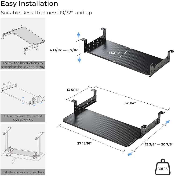 EUREKA ERGONOMIC Adjustable Keyboard Tray Under Desk, 28x11 Inch Large Slide Out Keyboard & Mouse Platform Tray, Wooden Pull Out Computer Keyboard Drawer for Typing Home Office Desk, Black - Image 3