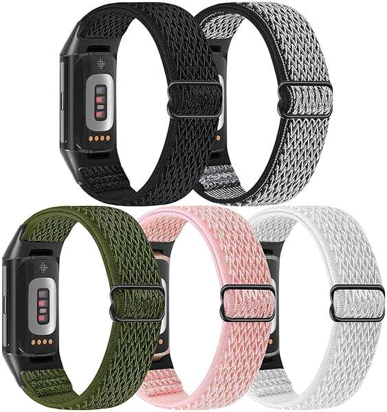 Bcuckood 5 Pack Elastic Nylon Watch Bands Compatible for Fitbit Charge 6/Fitbit Charge 5, Adjustable Breathable Replacement Stretchy Nylon Loop Wristband Sport Strap for Women Men - Image 2