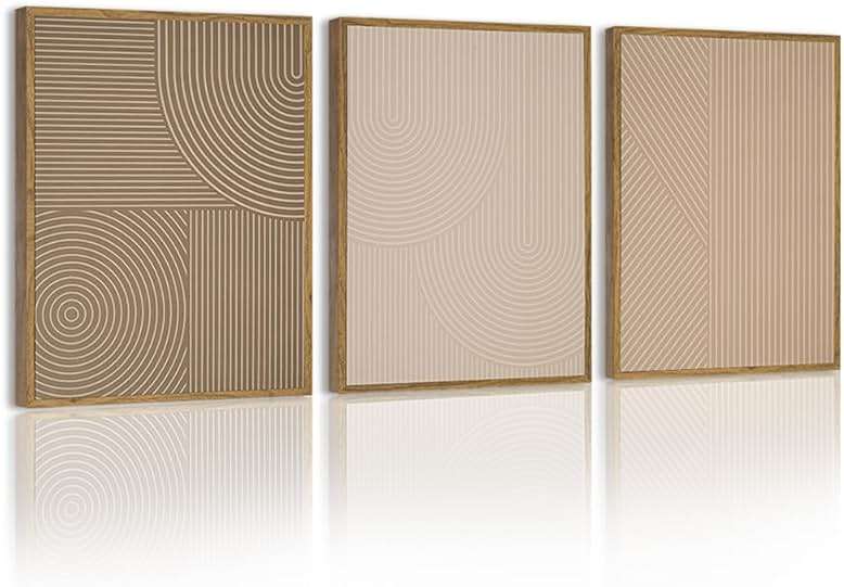 PHOPAGO Minimalist Abstract Framed Wall Art Modern Boho Neutral Line Wall Decor Geometric Artwork Kitchen Dining Room 11x14in Natural Framed - Image 1