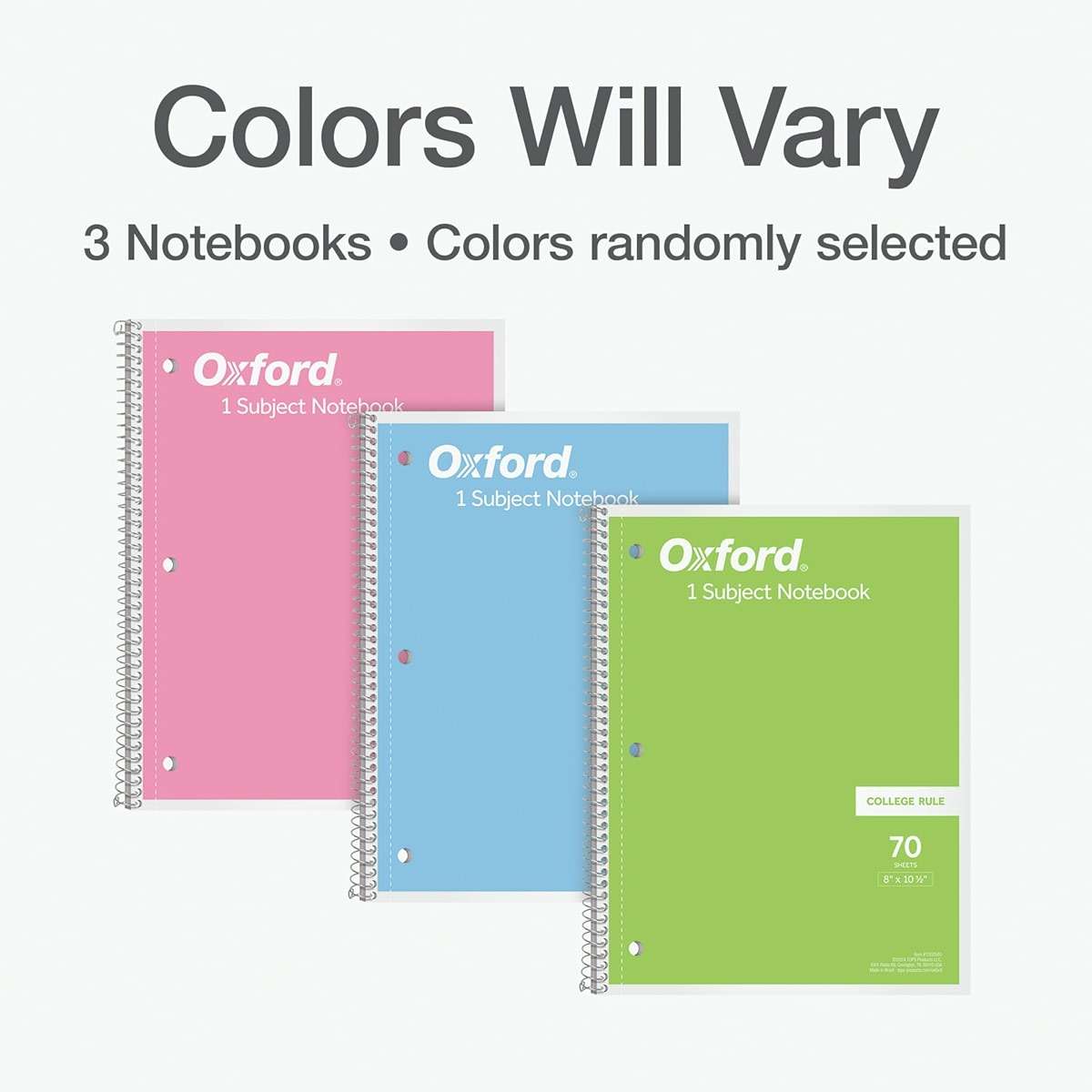 Oxford Spiral Notebooks, 3 Pack, 1 Subject, College Ruled Notebooks for School, 8 x 10.5 Inches, 70 Sheets, Assorted Pastel Colors, Back to School Supplies (1002540) - Image 7