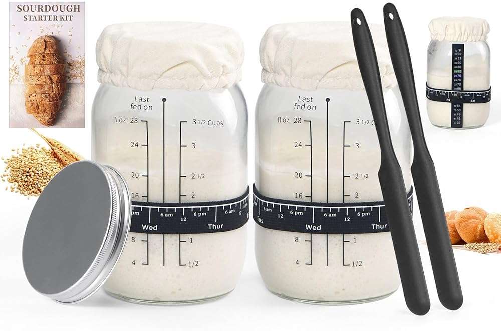 ROLIOUMEN Sourdough Starter Kit, 34OZ Sourdough Jar Container with Aluminium Lid, Feeding Band, Thermometer, Cloth Cover and Silicone Spatula, Sourdough Bread Baking Supplies(2PCS) - Image 1