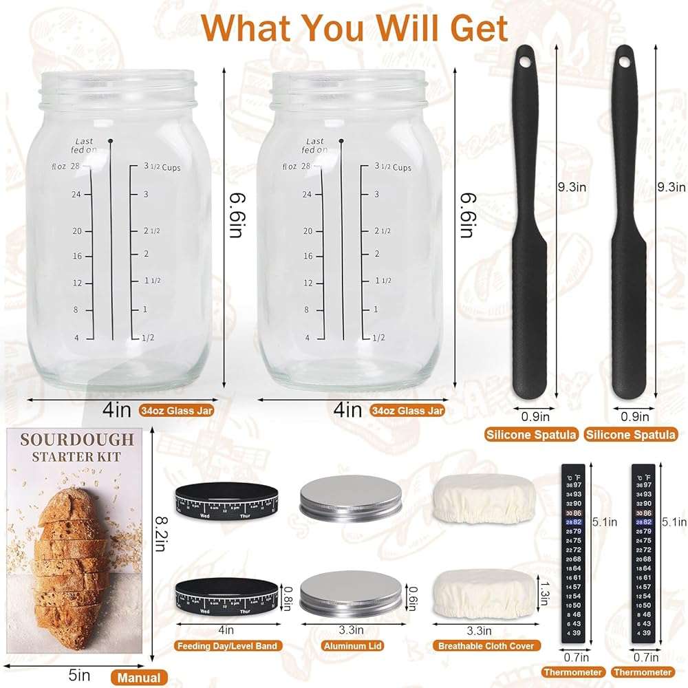ROLIOUMEN Sourdough Starter Kit, 34OZ Sourdough Jar Container with Aluminium Lid, Feeding Band, Thermometer, Cloth Cover and Silicone Spatula, Sourdough Bread Baking Supplies(2PCS) - Image 3