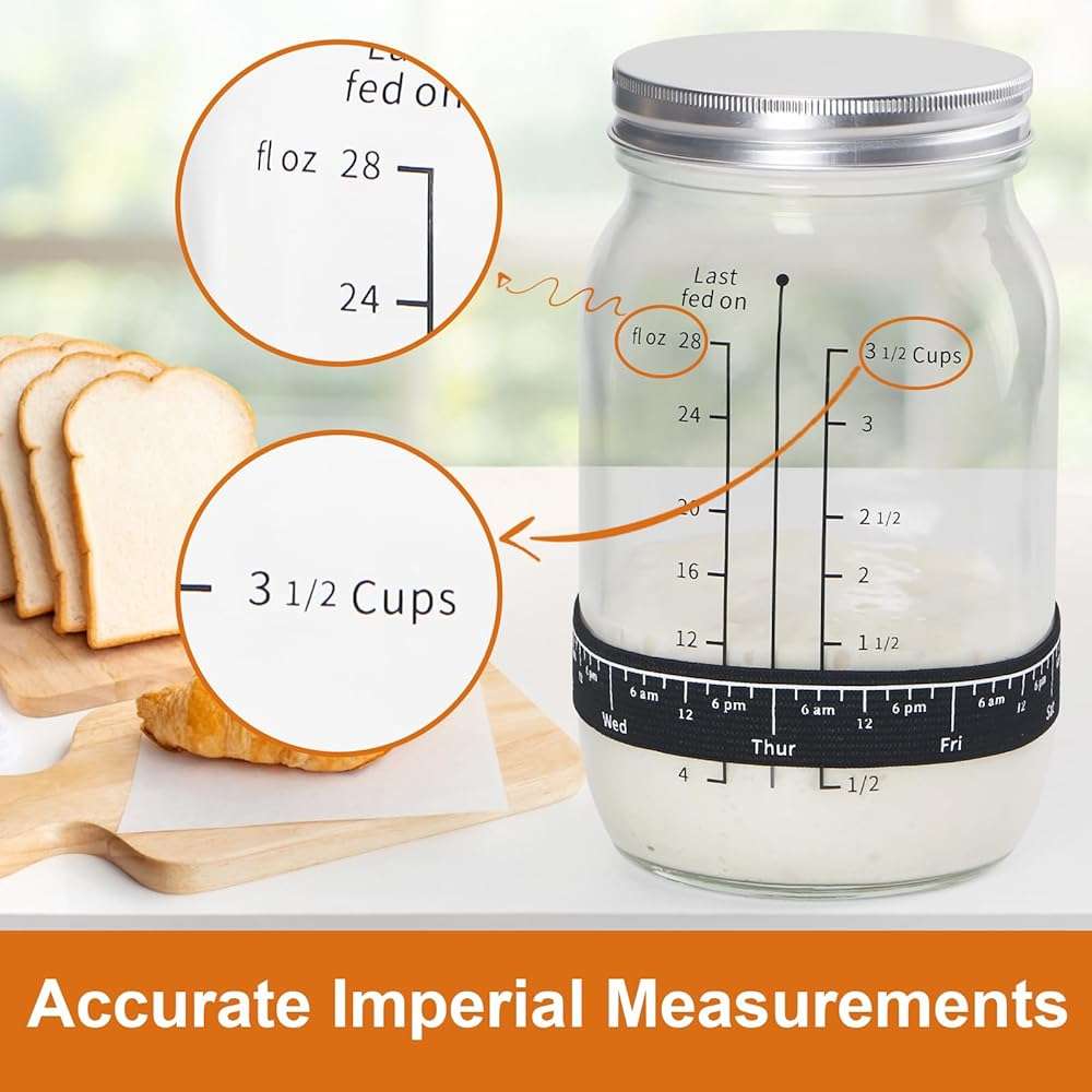 ROLIOUMEN Sourdough Starter Kit, 34OZ Sourdough Jar Container with Aluminium Lid, Feeding Band, Thermometer, Cloth Cover and Silicone Spatula, Sourdough Bread Baking Supplies(2PCS) - Image 4