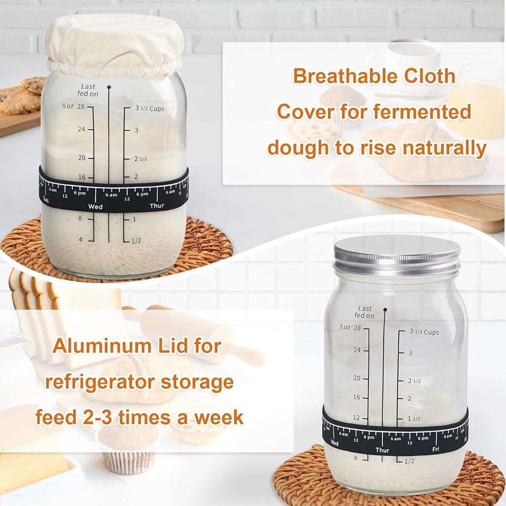 ROLIOUMEN Sourdough Starter Kit, 34OZ Sourdough Jar Container with Aluminium Lid, Feeding Band, Thermometer, Cloth Cover and Silicone Spatula, Sourdough Bread Baking Supplies(2PCS) - Image 5