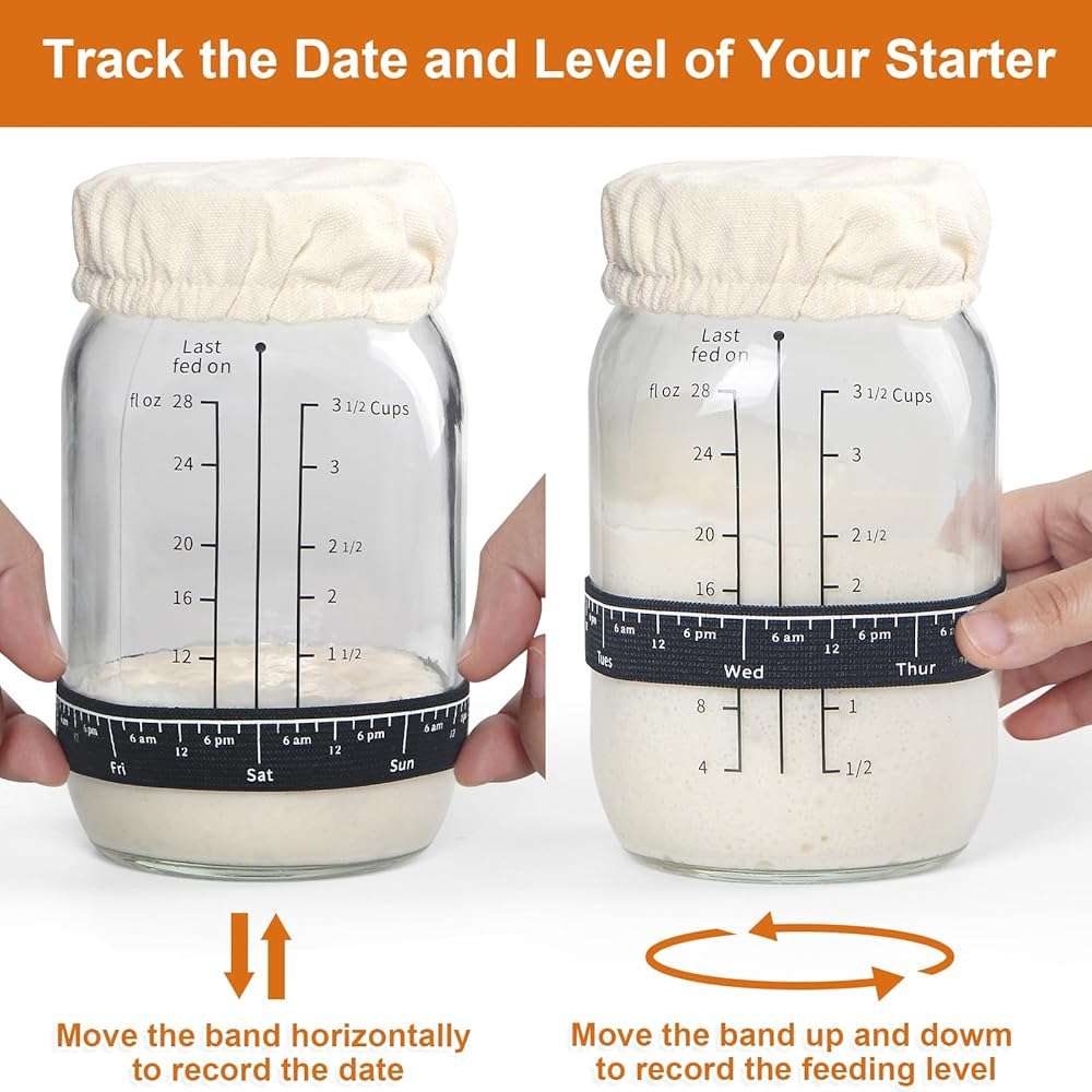 ROLIOUMEN Sourdough Starter Kit, 34OZ Sourdough Jar Container with Aluminium Lid, Feeding Band, Thermometer, Cloth Cover and Silicone Spatula, Sourdough Bread Baking Supplies(2PCS) - Image 6
