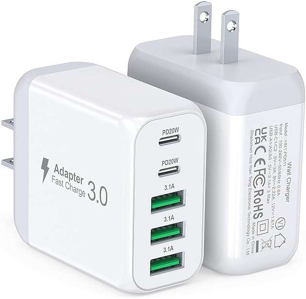 USB C Wall Charger Block, 2Pack 50W 5-Port C Charger Fast Charging Block PD Power Adapter +QC 3.0 Multiport Type C Box Brick Cube USB A Wall Plug for iPhone 16/15/14 Pro Max Plus, iPad,Samsung Galaxy - Image 1