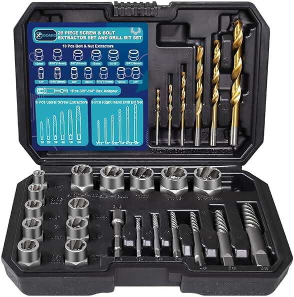 DOAHO 26 Piece Impact Bolt and Spiral Screw Extractor Set with Left Hand Reverse Drill Bit Kit for Easy Out Damaged Stripped Broken Screw Lug Bolt Nut Remove with Hex Adapter - Image 1