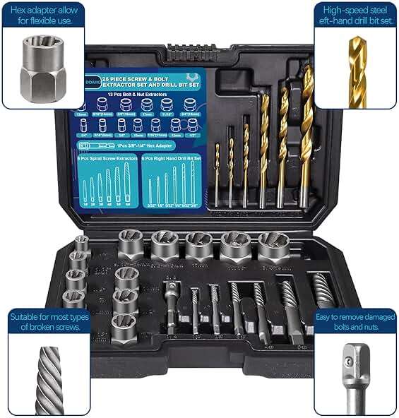 DOAHO 26 Piece Impact Bolt and Spiral Screw Extractor Set with Left Hand Reverse Drill Bit Kit for Easy Out Damaged Stripped Broken Screw Lug Bolt Nut Remove with Hex Adapter - Image 3