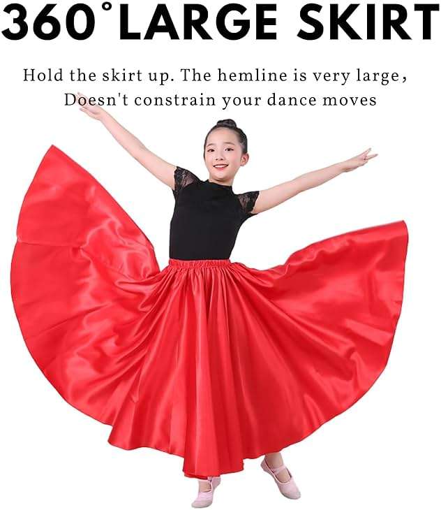 Girls Satin Full Circle Long Dance Skirt Ankle Length Shiny Satin Swing Skirt for Girls 8-12 Years Belly Dance Long Skirt - Image 3