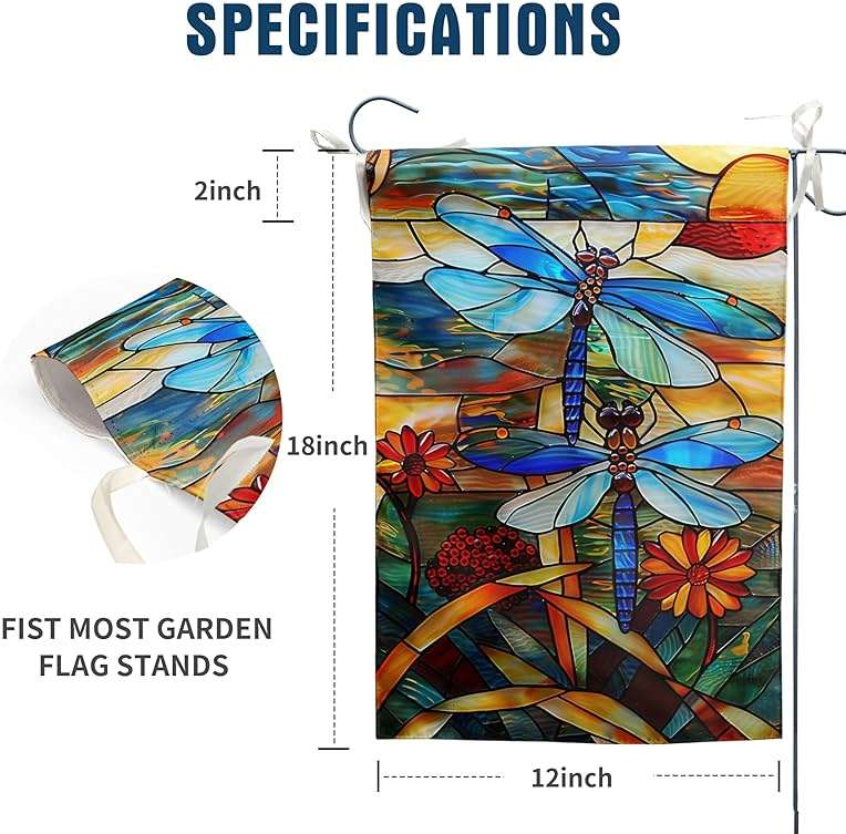 Stained Glass Dragonfly Garden Flag Spring Summer Yard Flag Fall Floral Decorative Flags for Outside 12x18 Double Sided Small Seasonal Lawn Flags Rustic Outdoor Decor - Image 3