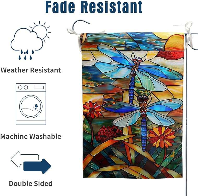 Stained Glass Dragonfly Garden Flag Spring Summer Yard Flag Fall Floral Decorative Flags for Outside 12x18 Double Sided Small Seasonal Lawn Flags Rustic Outdoor Decor - Image 5