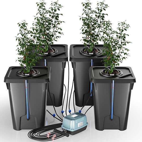 YIFOR 4 Buckets DWC Hydroponics Growing System with Top Drip Kit 7 Gallon Deep Water Culture Bucket System with Air Pump, Air Stone, Air Hose, Recirculating Drip Garden System - Image 1