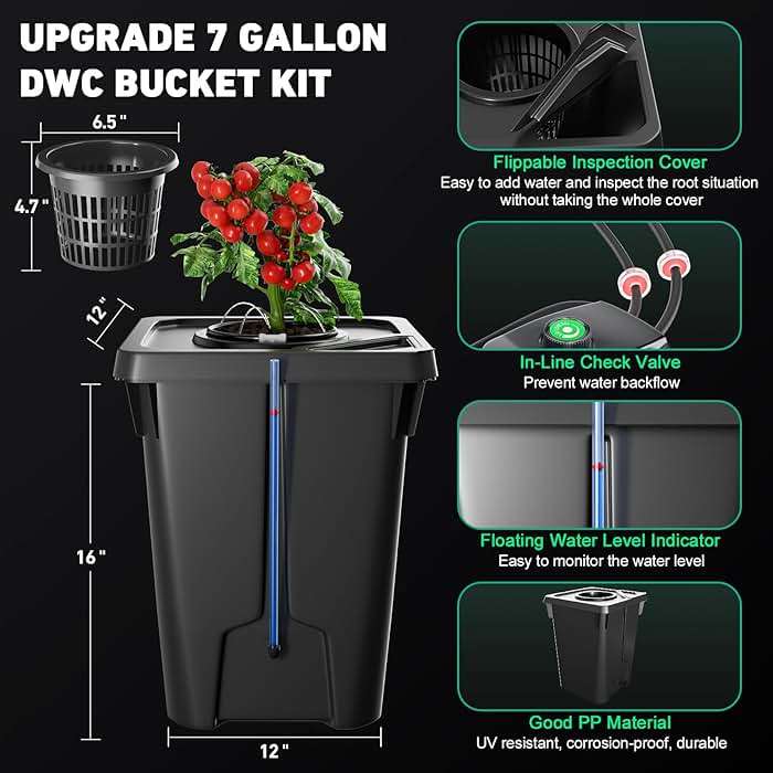YIFOR 4 Buckets DWC Hydroponics Growing System with Top Drip Kit 7 Gallon Deep Water Culture Bucket System with Air Pump, Air Stone, Air Hose, Recirculating Drip Garden System - Image 3