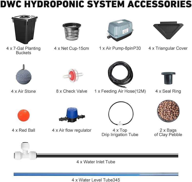 YIFOR 4 Buckets DWC Hydroponics Growing System with Top Drip Kit 7 Gallon Deep Water Culture Bucket System with Air Pump, Air Stone, Air Hose, Recirculating Drip Garden System - Image 7