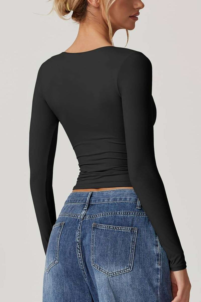 QINSEN Women's Long Sleeve V Neck T Shirts Double Lined Crop Top Seamed Cup Going Out Tops - Image 2