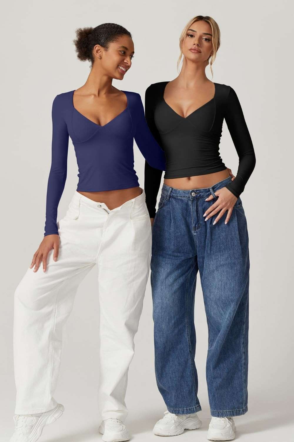 QINSEN Women's Long Sleeve V Neck T Shirts Double Lined Crop Top Seamed Cup Going Out Tops - Image 3