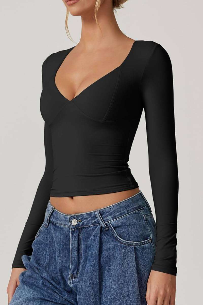 QINSEN Women's Long Sleeve V Neck T Shirts Double Lined Crop Top Seamed Cup Going Out Tops - Image 4