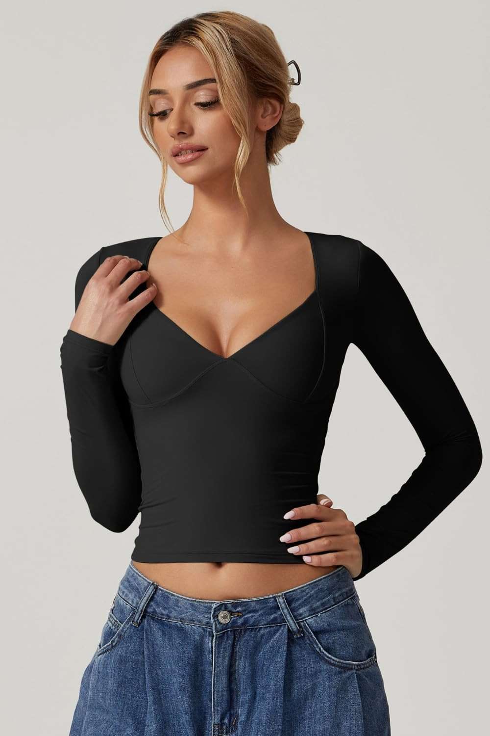 QINSEN Women's Long Sleeve V Neck T Shirts Double Lined Crop Top Seamed Cup Going Out Tops - Image 5