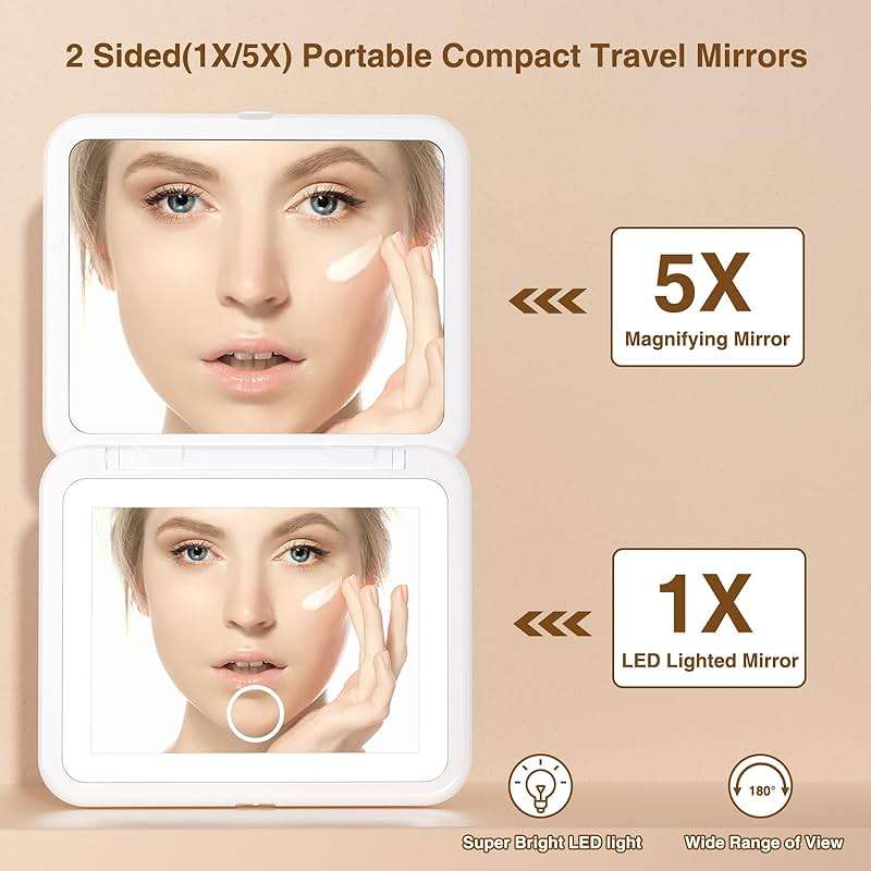 Rechargeable LED Lighted Compact Travel Mirror - 2-Sided Fold Mini Makeup Mirror with 1X/5X Magnification for Purse - Image 5
