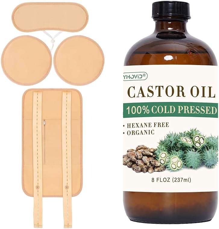 5 Pcs Castor Oil Pack Wrap, Castor Oil Organic Cold Pressed Unrefined Glass Bottle, Caster Oil Wrap for Stomach, Neck, Knee, Foot & Entire Body, Organic Cotton Reusable Pads Kit for Hot/Cold Compress - Image 1