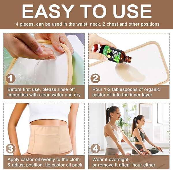 5 Pcs Castor Oil Pack Wrap, Castor Oil Organic Cold Pressed Unrefined Glass Bottle, Caster Oil Wrap for Stomach, Neck, Knee, Foot & Entire Body, Organic Cotton Reusable Pads Kit for Hot/Cold Compress - Image 7