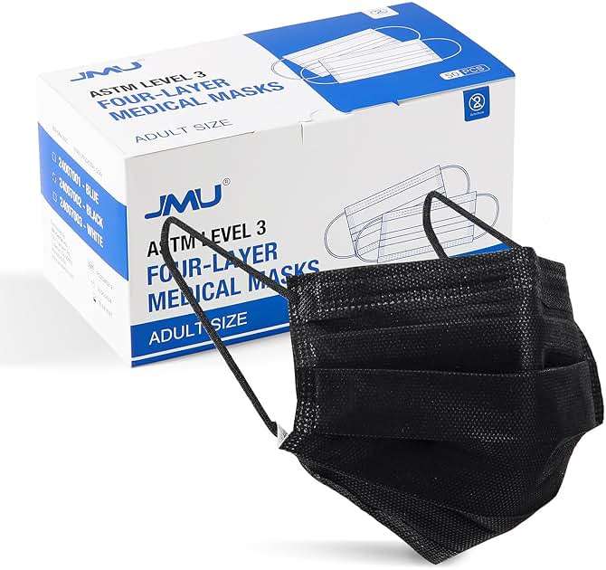 JMU Level 3 Black Disposable Face Mask, 4-Ply Medical Face Masks for Adults, 50 Pack - Image 1