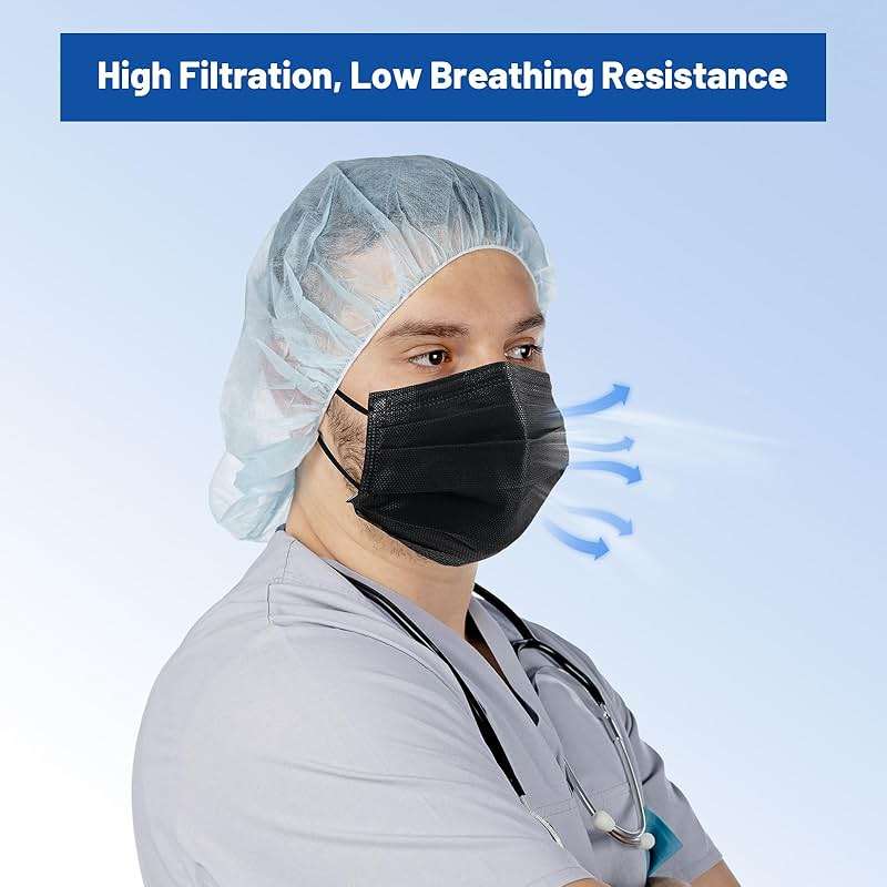 JMU Level 3 Black Disposable Face Mask, 4-Ply Medical Face Masks for Adults, 50 Pack - Image 4