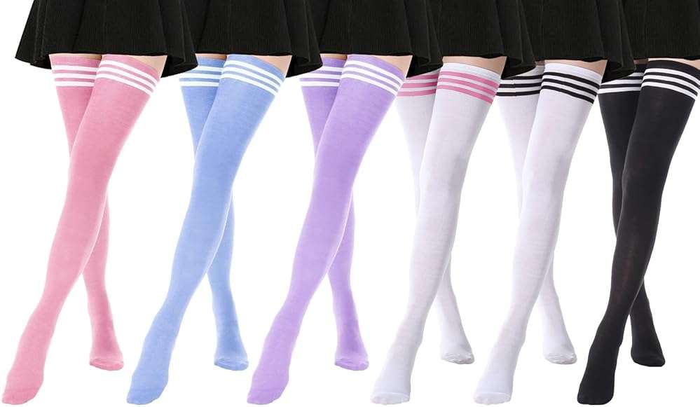 DRESHOW 6 Pairs High Thigh Socks Striped Over Knee Thin Tights Long Stocking for Women Leg Warmer - Image 1