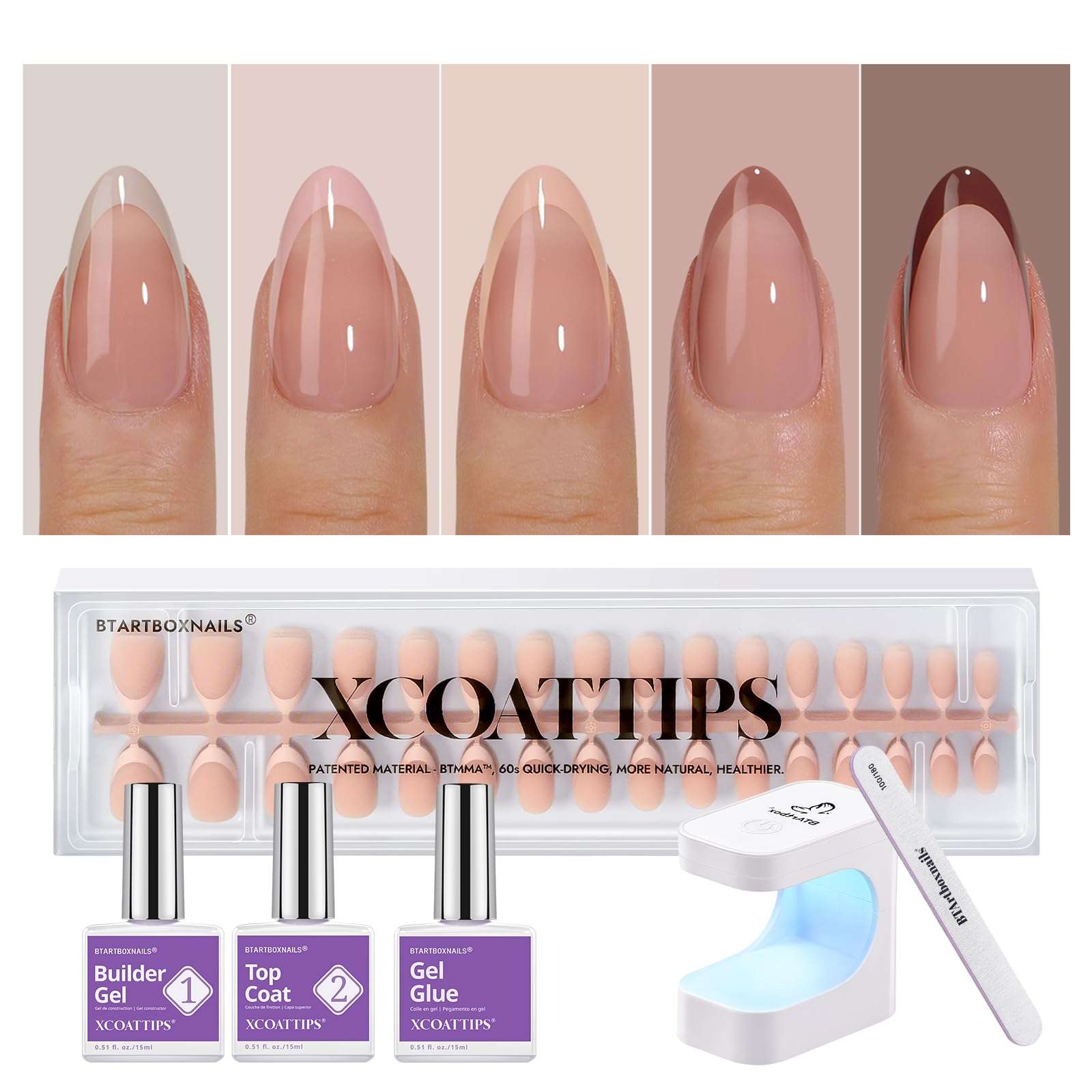 BTArtboxnails XCOATTIPS Press on Nails Short - Skin Tones Almond Nail Tips, Soft Gel Nail Tips with Nail Gel, French Protecting Duo, Nail Lamp, All in One Fake Nails French Tip Nails Kit - Image 1