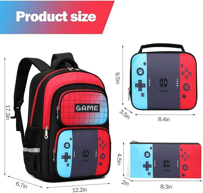EINSZ Backpack For Boys Bookbag with Lunch Box Game Backpack for Kids Junior High School Primary School Boys Back pack(Red&blue-set) - Image 2