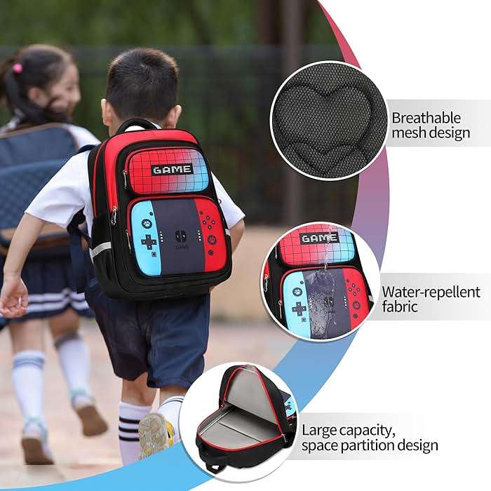 EINSZ Backpack For Boys Bookbag with Lunch Box Game Backpack for Kids Junior High School Primary School Boys Back pack(Red&blue-set) - Image 5