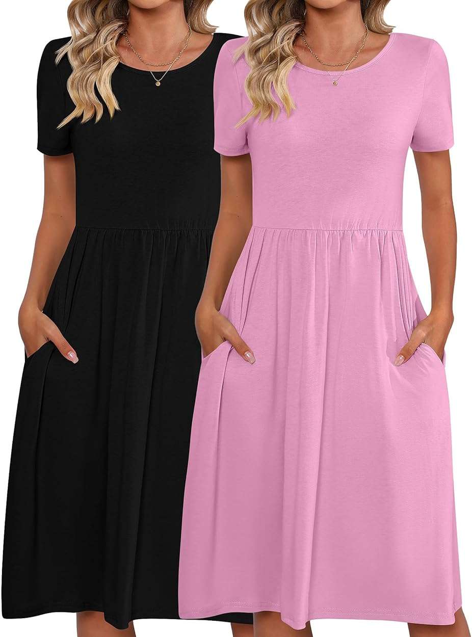 Riyiper 2 Pack Women Short Sleeve Dresses, Loose Fit Casual T Shirt Dress, Ladies Knee Length Swing Dress with Pockets - Image 1