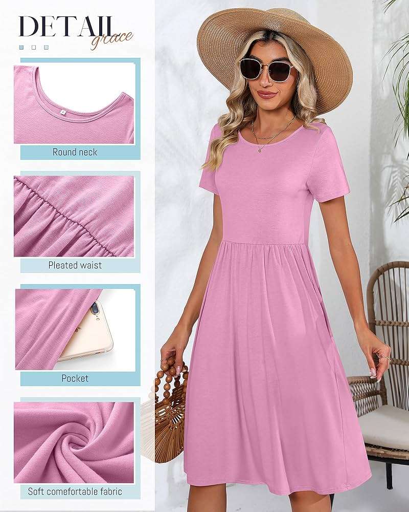 Riyiper 2 Pack Women Short Sleeve Dresses, Loose Fit Casual T Shirt Dress, Ladies Knee Length Swing Dress with Pockets - Image 5