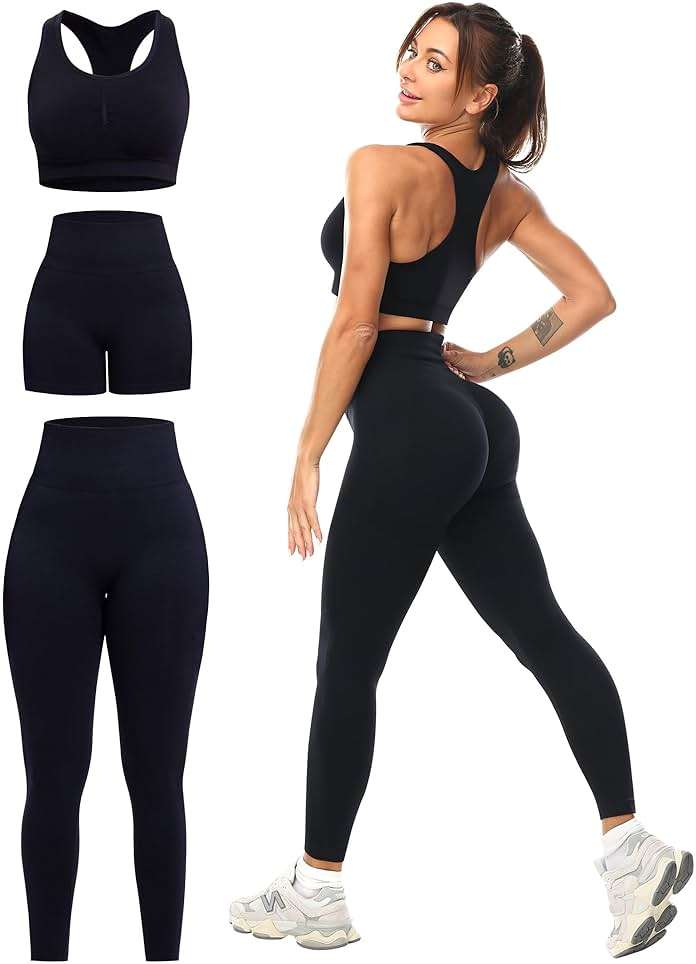 SALSPOR 3 Piece Workout Sets for Women Butt Lifting Leggings with High Impact Sports Bra Gym Shorts - Image 5