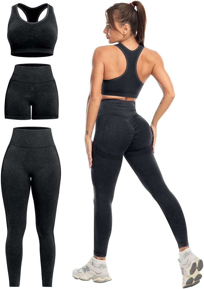 SALSPOR 3 Piece Workout Sets for Women Butt Lifting Leggings with High Impact Sports Bra Gym Shorts - Image 1