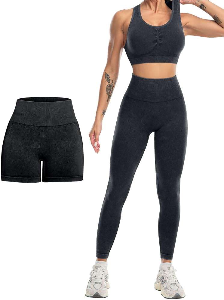 SALSPOR 3 Piece Workout Sets for Women Butt Lifting Leggings with High Impact Sports Bra Gym Shorts - Image 6