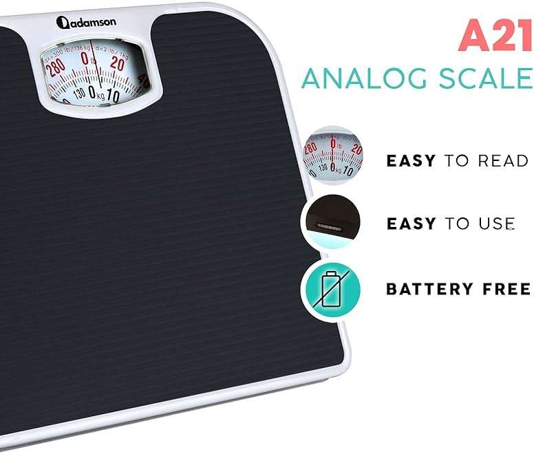 Adamson A21 Analog Scales for Body Weight - Up to 300 LB - New - Anti-Skid Rubber Surface + Large Numbers - Analog Bathroom Scale - Affordable - Durable with 20-Year Assurance - Black - Image 2