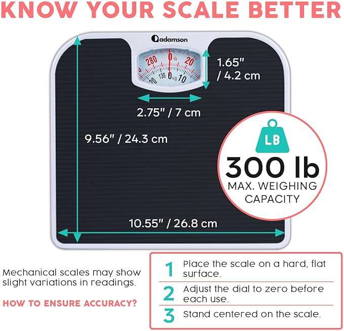 Adamson A21 Analog Scales for Body Weight - Up to 300 LB - New - Anti-Skid Rubber Surface + Large Numbers - Analog Bathroom Scale - Affordable - Durable with 20-Year Assurance - Black - Image 4