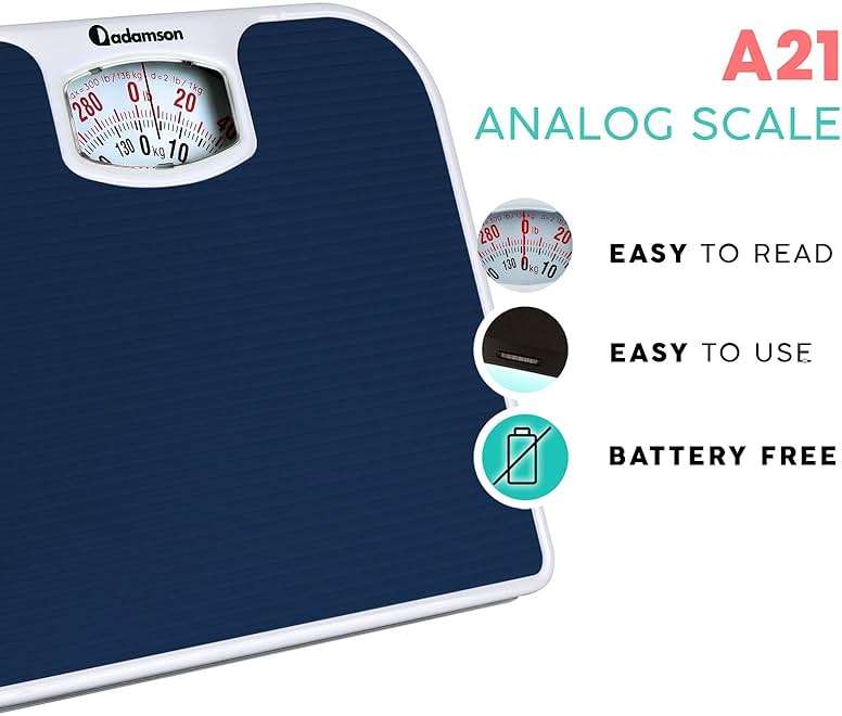 Adamson A21 Analog Scales for Body Weight - Up to 300 LB - New - Anti-Skid Rubber Surface - Large Numbers - Analog Bathroom Scale - Affordable - Durable with 20-Year Assurance - Blue - Image 2