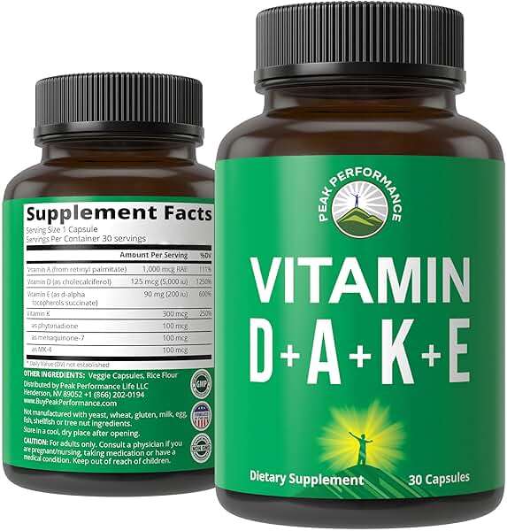 Peak Performance Vitamins D 5,000 iu + A + K + E All in 1 Easy to Swallow Vegan Capsule. ADK Vitamin Supplement with E D3 K2. Essential Vitamins for Mood, Immune, Bone, Vision, Heart - Image 1