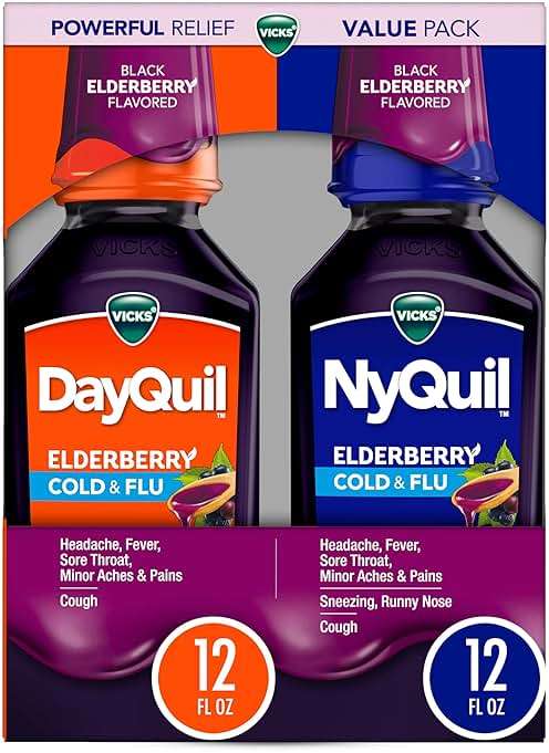 VICKS DayQuil & NyQuil Elderberry Flavor Cold & Flu Liquid Medicine Co-Pack, Multi-Symptom Relief of Headache, Fever, Sore Throat, Minor Aches & Pains, Sneezing, Runny Nose, and Cough, 2x12oz - Image 1