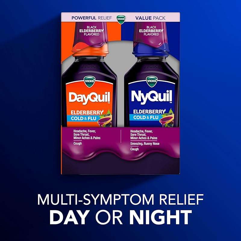 VICKS DayQuil & NyQuil Elderberry Flavor Cold & Flu Liquid Medicine Co-Pack, Multi-Symptom Relief of Headache, Fever, Sore Throat, Minor Aches & Pains, Sneezing, Runny Nose, and Cough, 2x12oz - Image 3