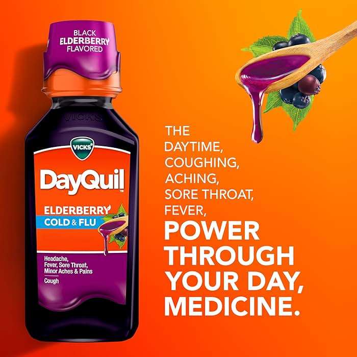 VICKS DayQuil & NyQuil Elderberry Flavor Cold & Flu Liquid Medicine Co-Pack, Multi-Symptom Relief of Headache, Fever, Sore Throat, Minor Aches & Pains, Sneezing, Runny Nose, and Cough, 2x12oz - Image 5